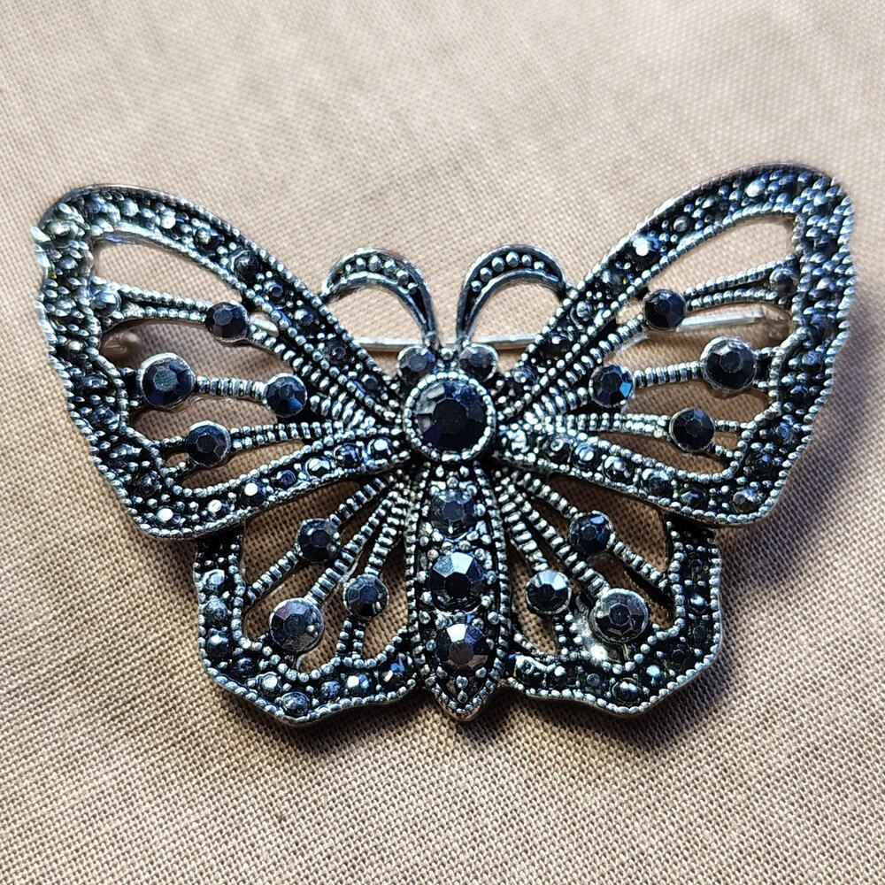 Butterfly‎ Brooch Pin Silver Tone with Black Faceted Rhinestones